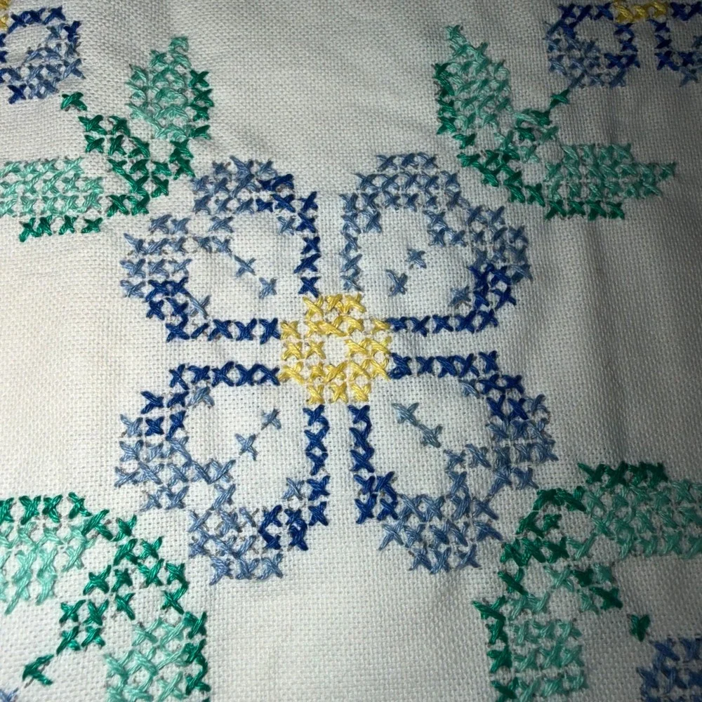 VTG Table Runner 25x10 White Blue Floral Cross Stitch Cottagecore‎ Farmhouse